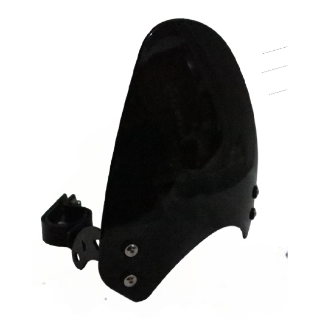 Black motorcycle windshield fairing with mounting bracket, isolated on white background