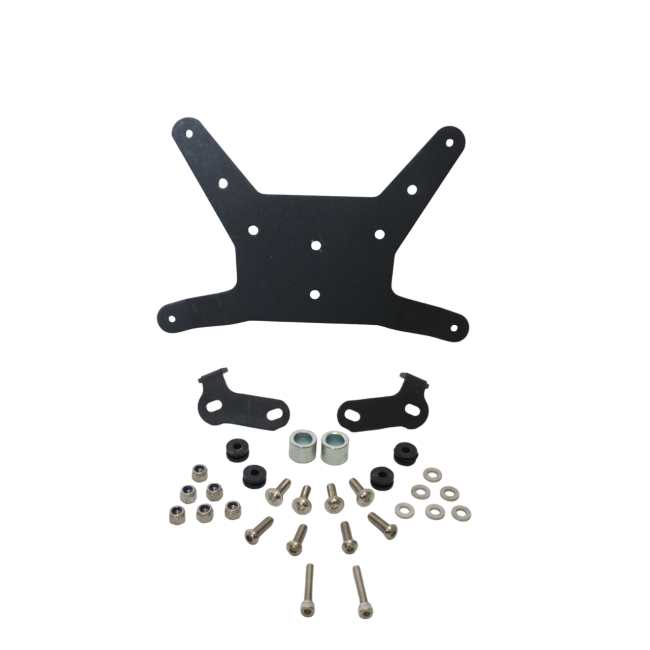 Motorcycle luggage rack mounting plate with brackets, bolts, washers, and hardware kit