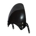 Glossy black motorcycle windshield with mounting brackets, curved aerodynamic design