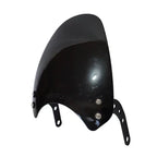 Glossy black motorcycle windshield with mounting brackets, curved aerodynamic design