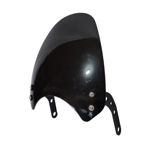 Glossy black motorcycle windshield with mounting brackets, curved aerodynamic design