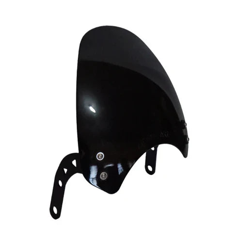 Glossy black motorcycle visor windscreen with mounting brackets on white background