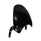 Glossy black motorcycle visor windscreen with mounting brackets on white background