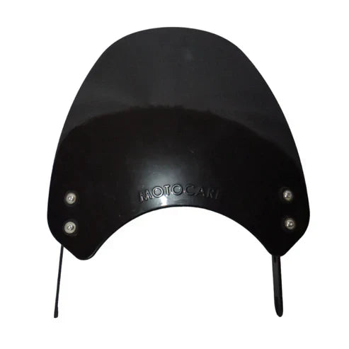 Black motorcycle windshield with MOTOCAR branding and mounting hardware