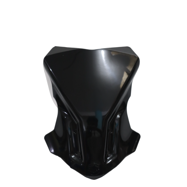 Glossy black motorcycle headlight fairing with angular, aerodynamic design