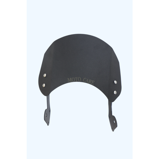 Black motorcycle windscreen with mounting brackets and 'MOTO CARE' text on front