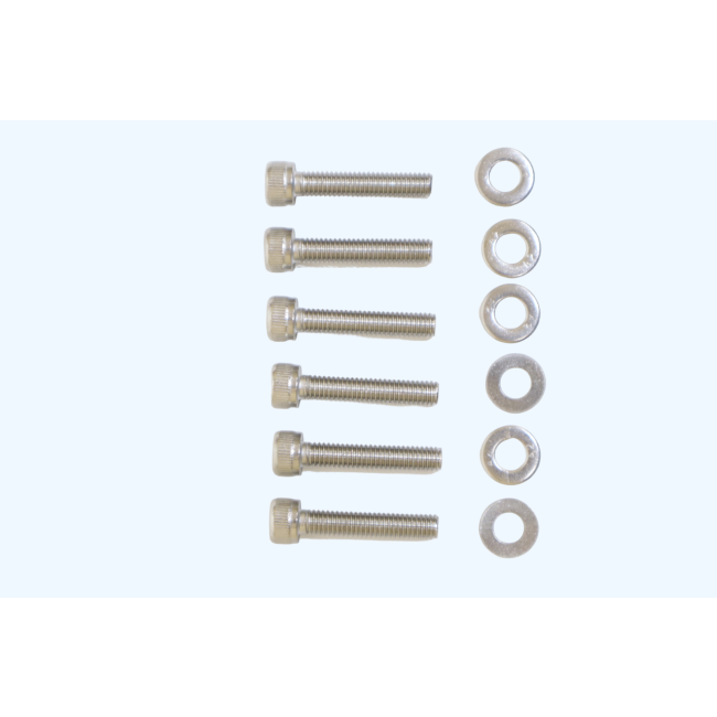 Six stainless steel hex bolts with washers arranged on a white background