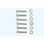 Six stainless steel hex bolts with washers arranged on a white background