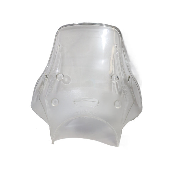 Clear motorcycle windshield fairing replacement part on white background