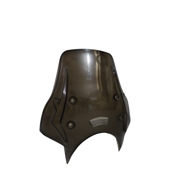 Smoked motorcycle windscreen with mounting holes and aerodynamic design against white background.