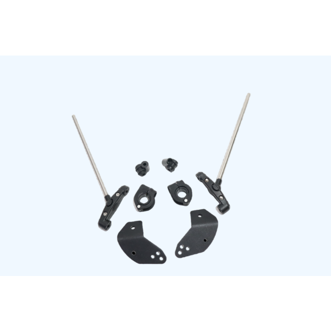 Motorcycle handlebar clip-ons and mounting hardware set on white background