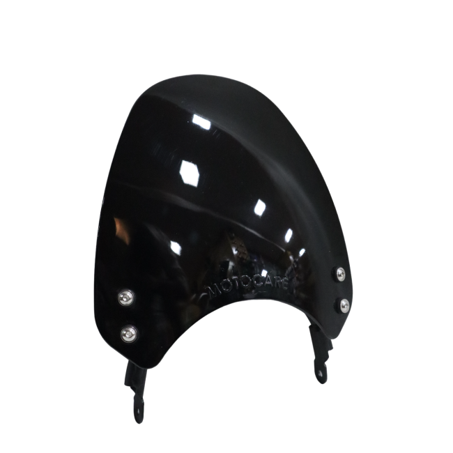 Black motorcycle windscreen with mounting hardware and MotoCare logo, isolated on white