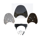 Motorcycle windshield kit with hardware, two side panels, main shield, and mounting bracket