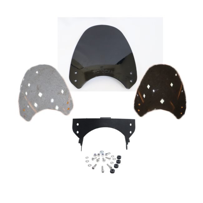Motorcycle windshield kit with hardware, two side panels, main shield, and mounting bracket
