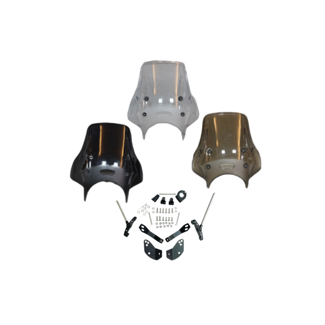 Motorcycle windshield fairings in clear, smoked, and dark tint with mounting hardware kit
