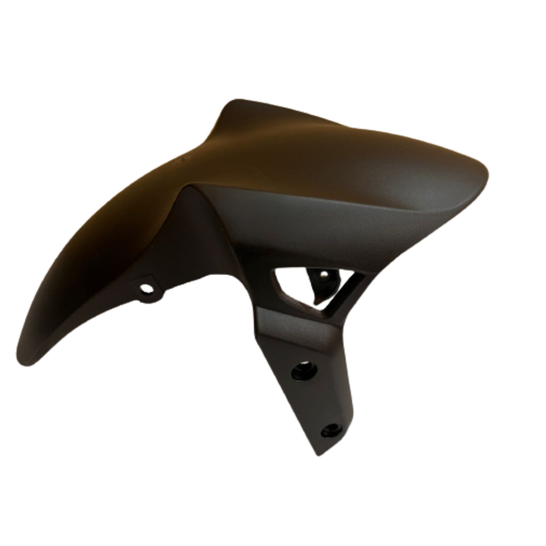 black motorcycle front fender, durable plastic bike mudguard part on white background