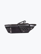 Motorcycle exhaust muffler with carbon fiber finish on white background