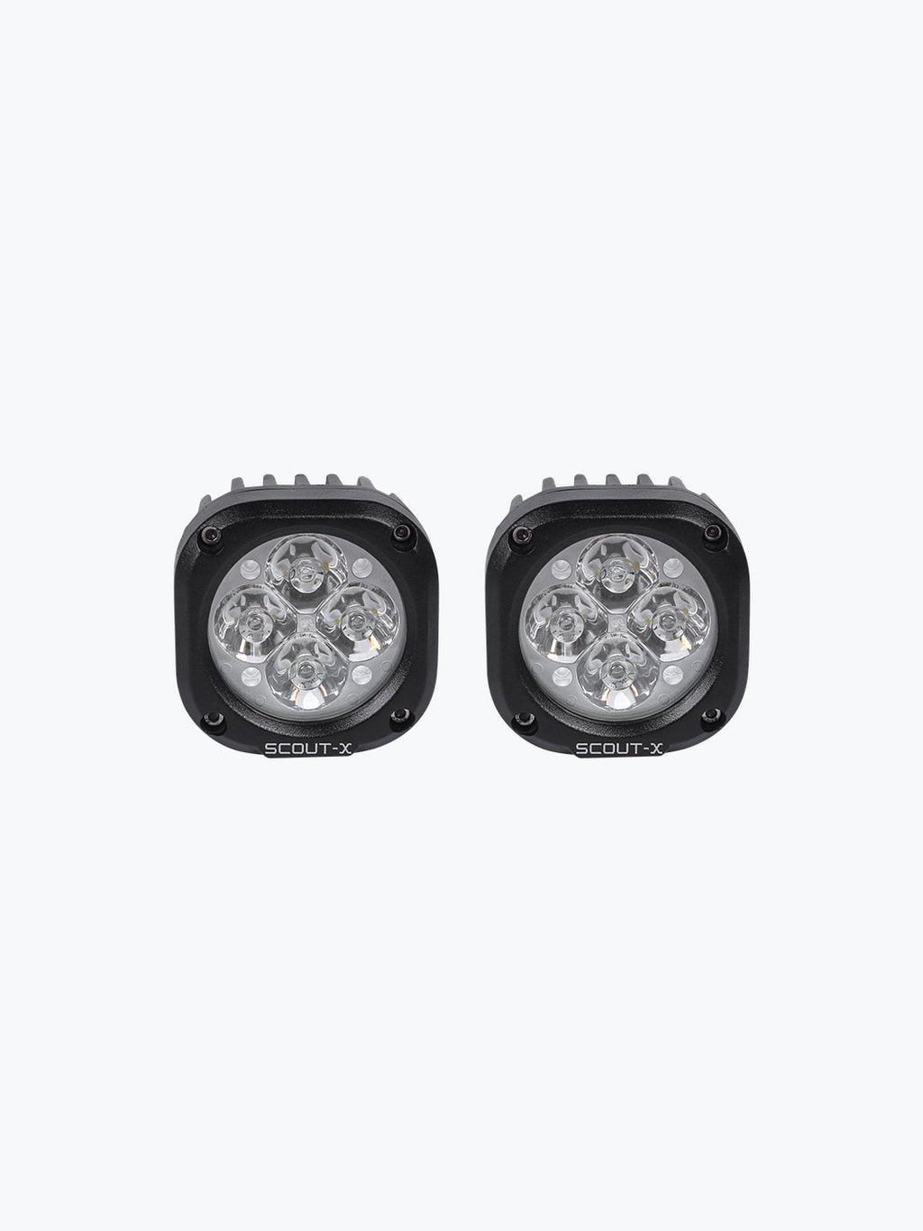 Pair of Scout-X LED off-road lights with black housing on white background.