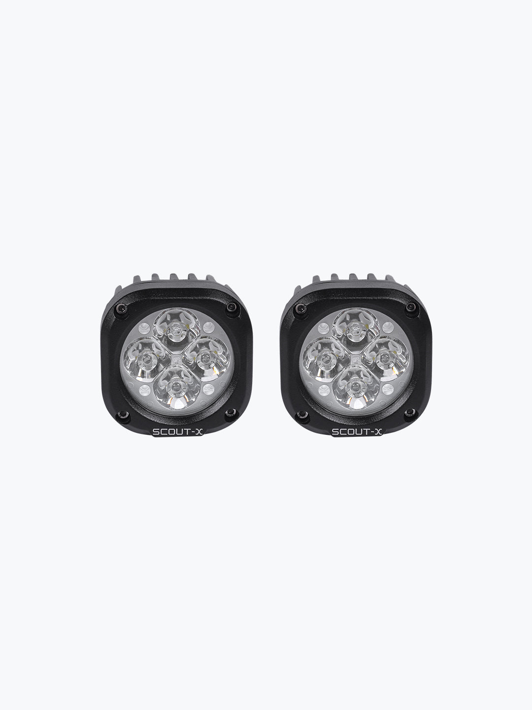 Pair of Scout-X LED off-road lights with black housing on white background.
