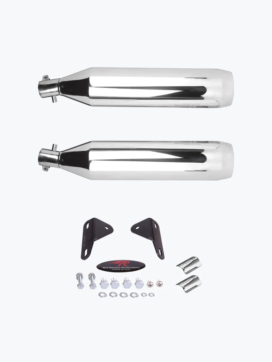 Chrome motorcycle exhaust muffler kit with mounting brackets and hardware on white background