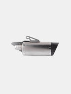 motorcycle exhaust muffler with metal finish and carbon fiber tip on white background
