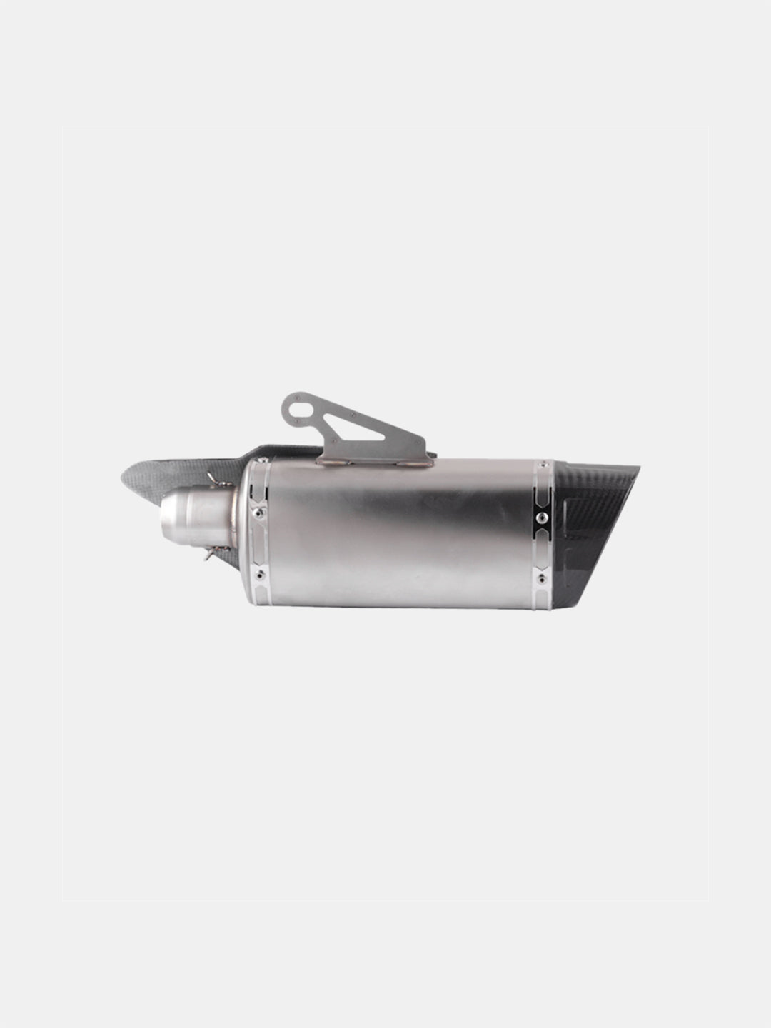 motorcycle exhaust muffler with metal finish and carbon fiber tip on white background
