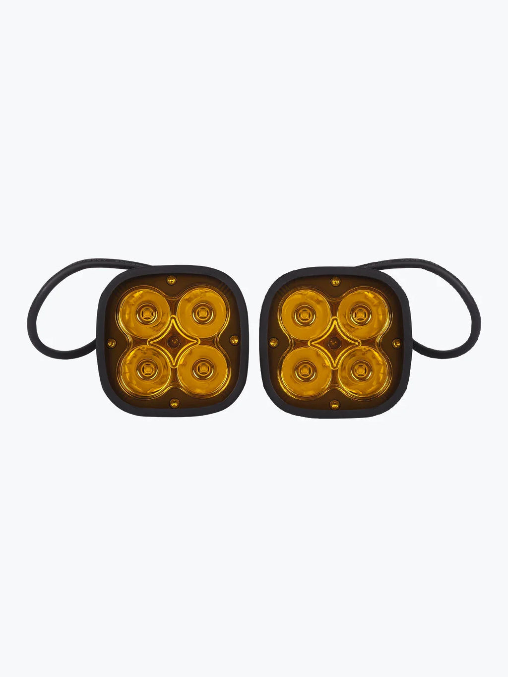 Pair of square amber LED motorcycle auxiliary lights with black housing and cables