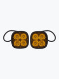 Pair of square amber LED motorcycle auxiliary lights with black housing and cables