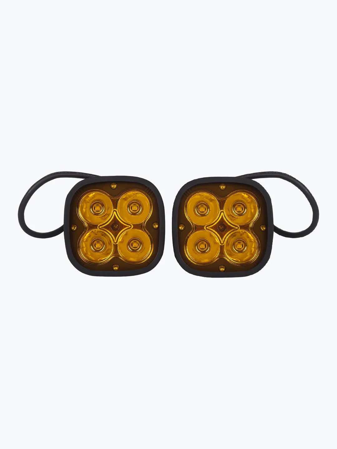 Pair of square amber LED motorcycle auxiliary lights with black housing and cables