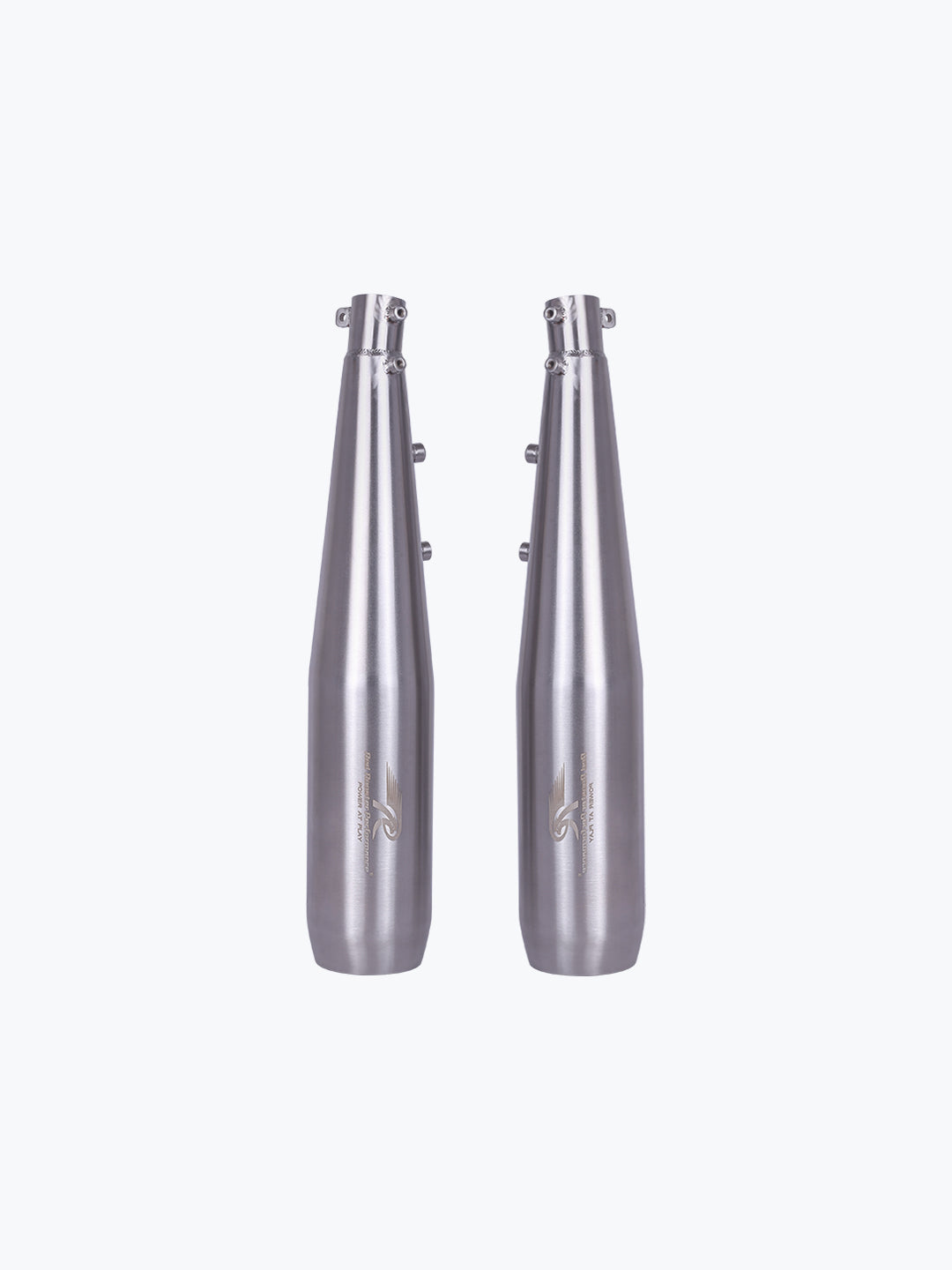 Pair of stainless steel motorcycle exhaust mufflers on white background