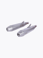 Pair of stainless steel motorcycle exhaust mufflers with mounting brackets on white background