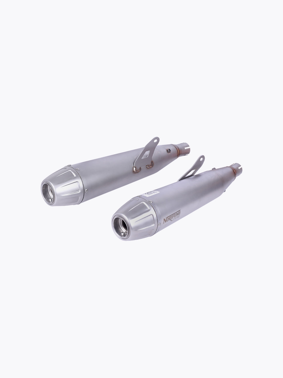 Pair of stainless steel motorcycle exhaust mufflers with mounting brackets on white background