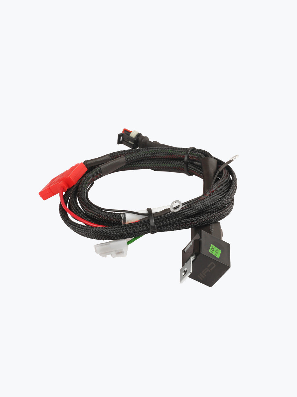 Motorcycle wiring harness with relay and connectors on a white background