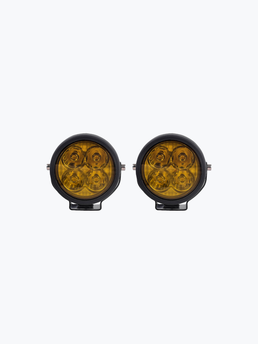Pair of round yellow motorcycle LED fog lights with black housing on a white background