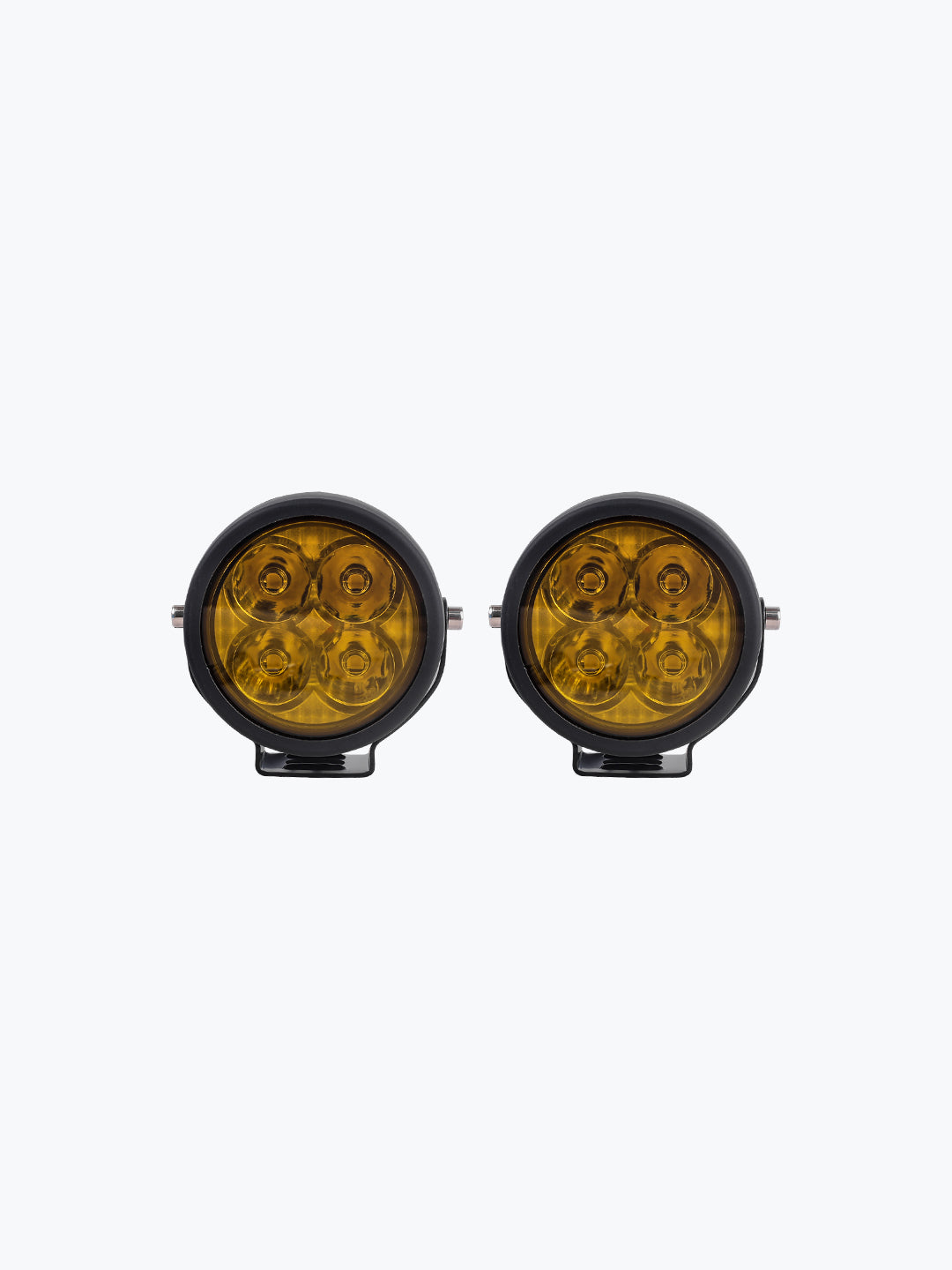 Pair of round yellow motorcycle LED fog lights with black housing on a white background