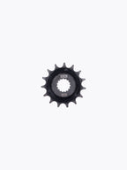 Black motorcycle sprocket gear part with 13 teeth on white background