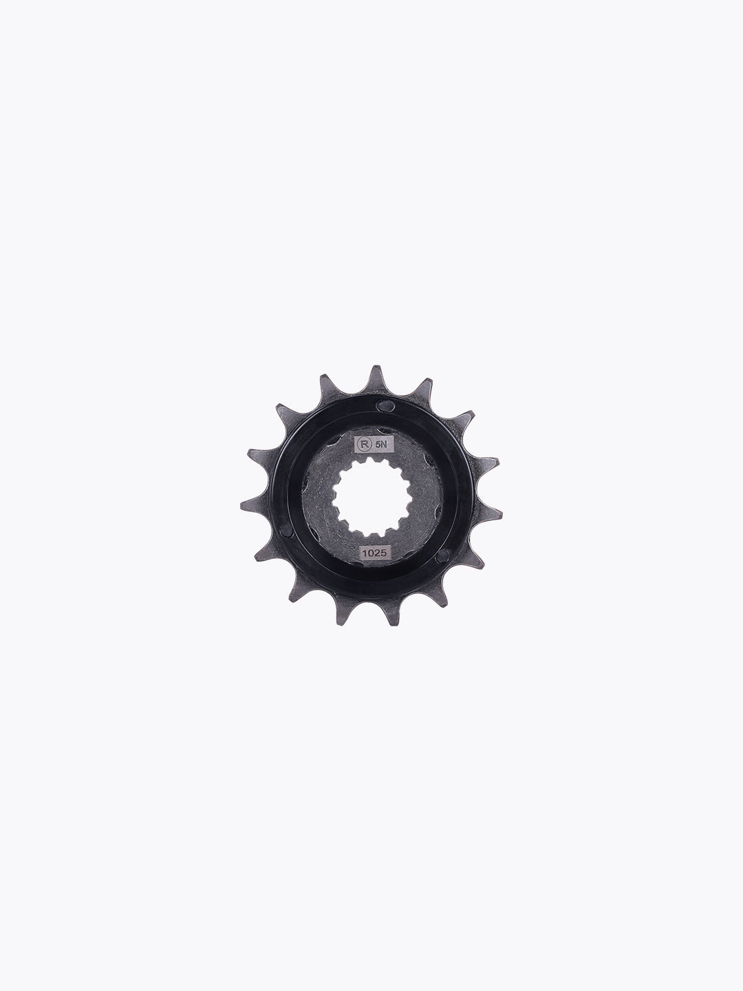 Black motorcycle sprocket gear part with 13 teeth on white background