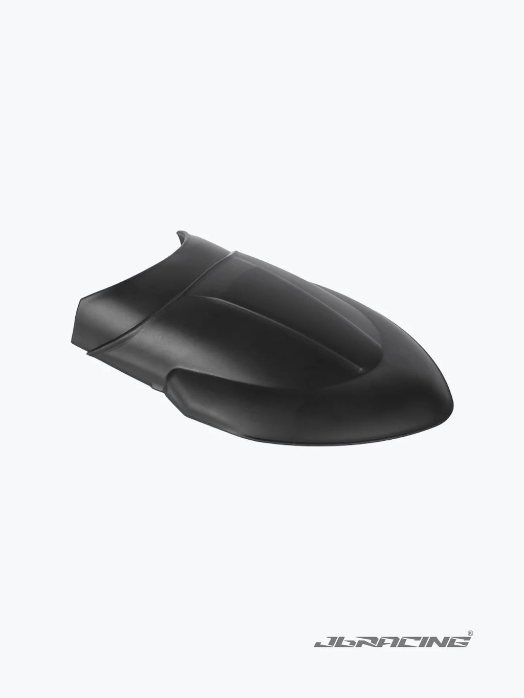 Black motorcycle seat cowl isolated on white background, JB Racing logo visible