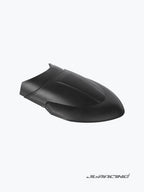 Black motorcycle seat cowl isolated on white background, JB Racing logo visible