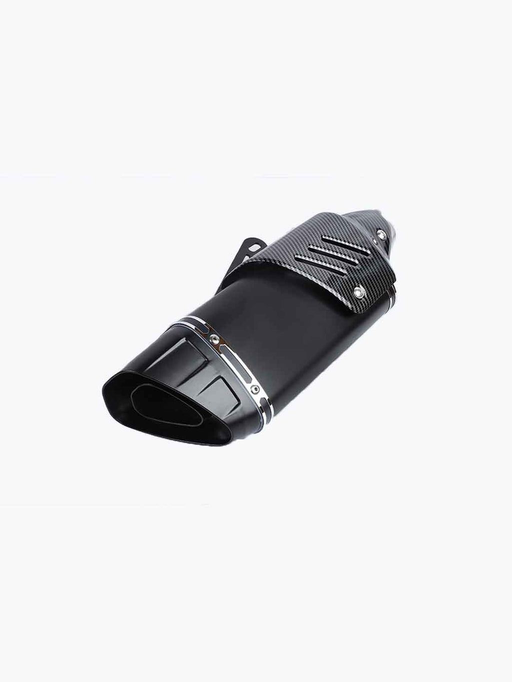 black motorcycle exhaust muffler with carbon fiber cover on white background