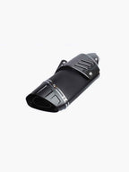 black motorcycle exhaust muffler with carbon fiber cover on white background