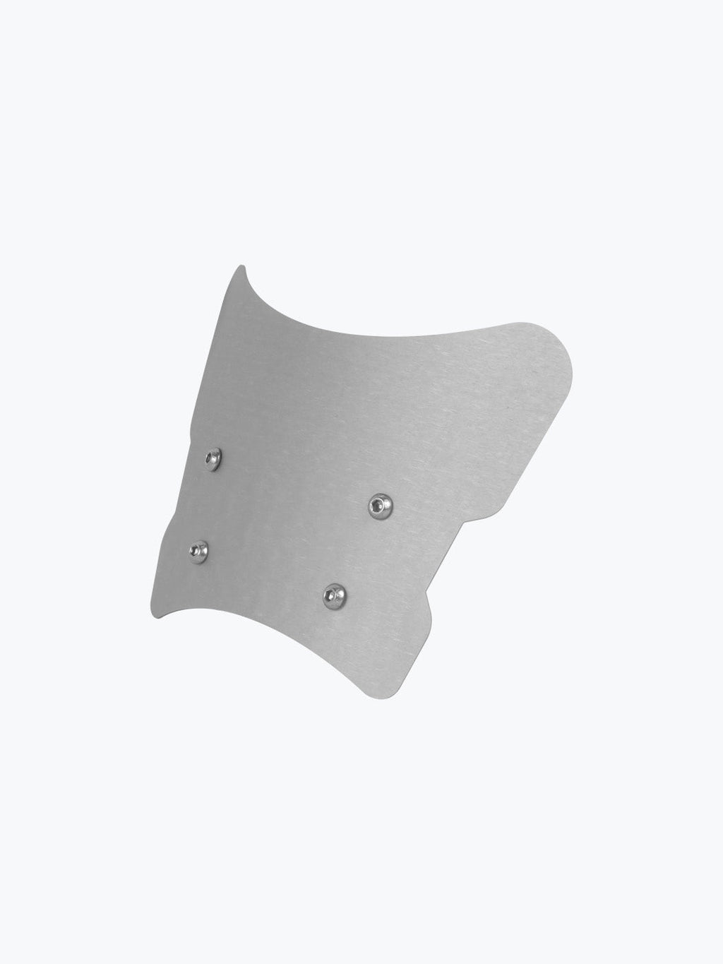 Brushed metal motorcycle windscreen with four mounting bolts on white background