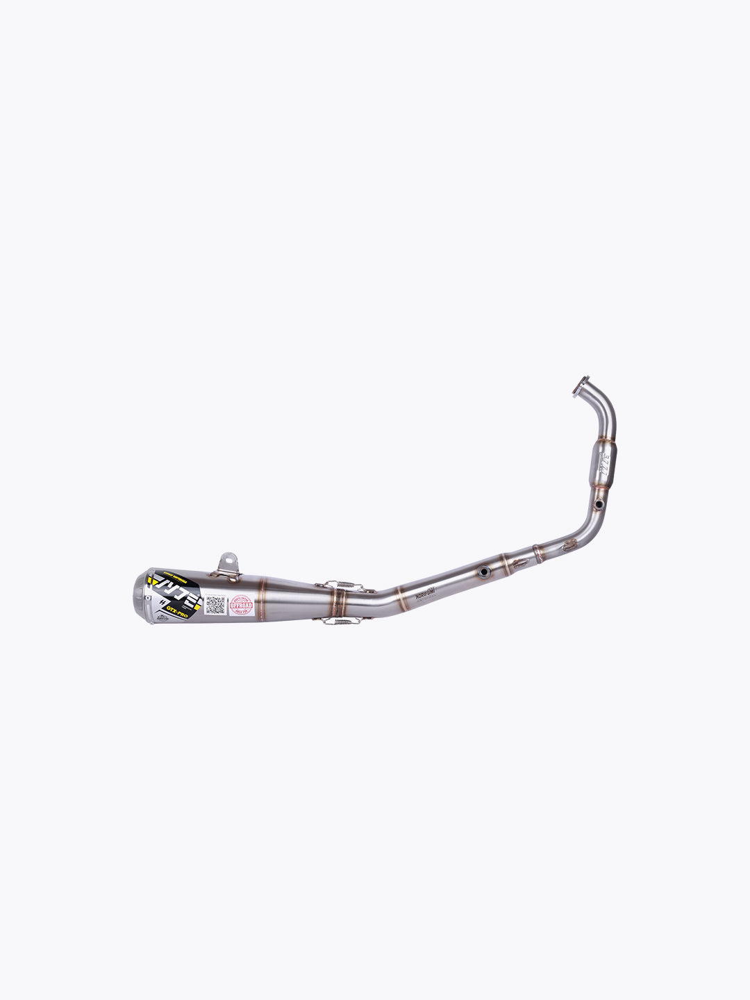 Performance motorcycle exhaust pipe with metallic finish and racing decals on white background