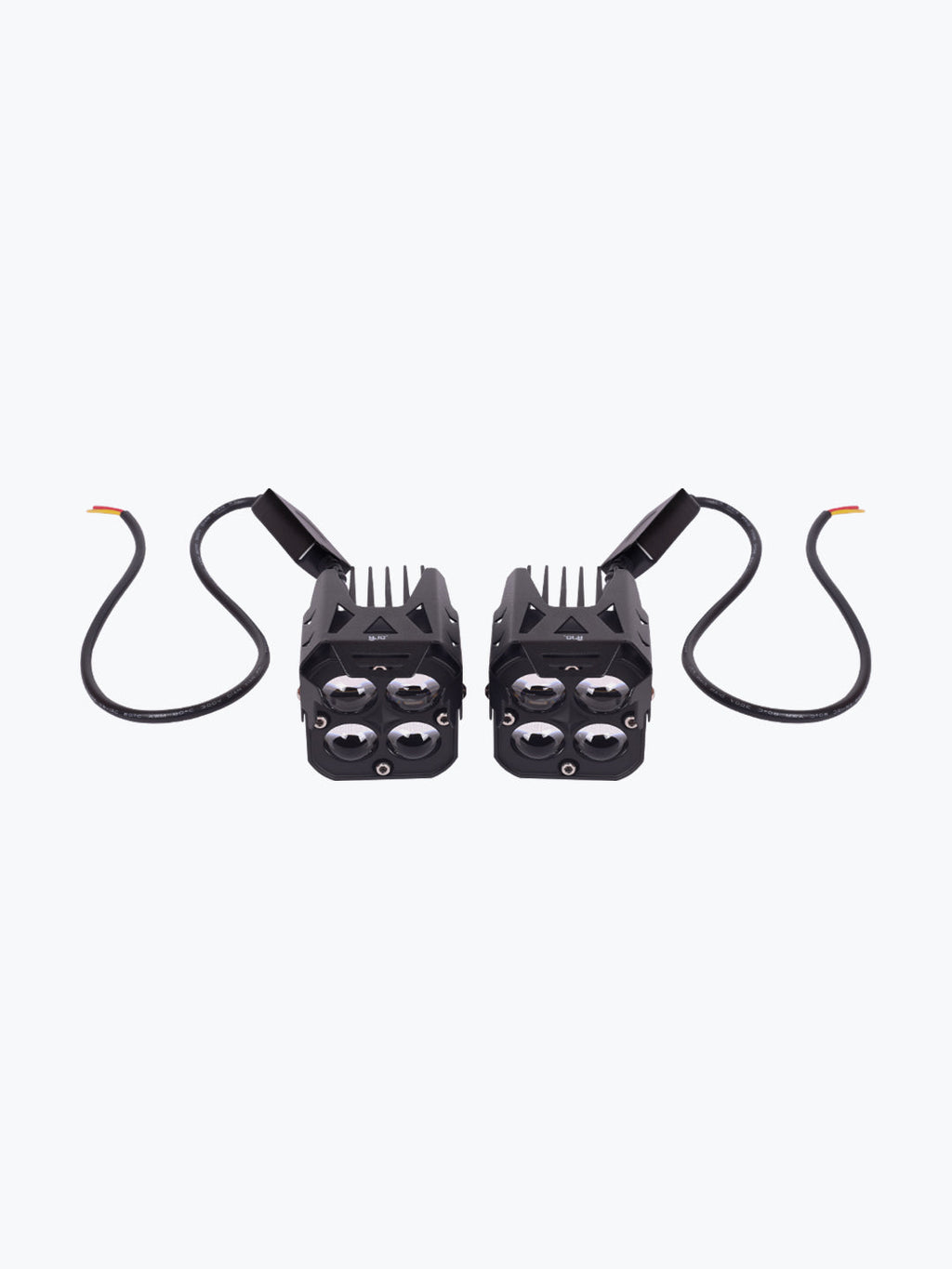 Pair of black motorcycle LED auxiliary lights with cables on white background