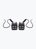 Pair of black motorcycle LED auxiliary lights with cables on white background