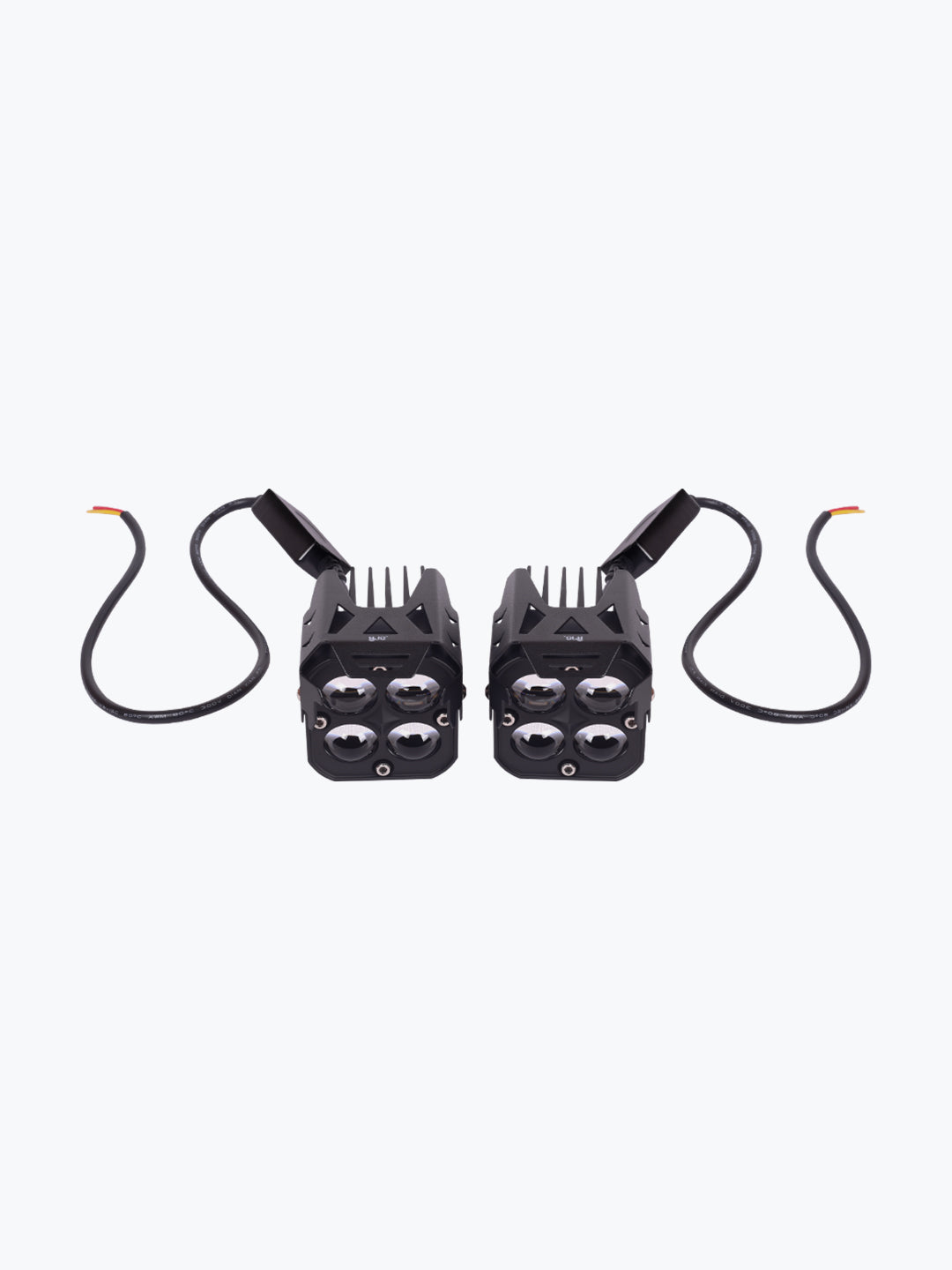 Pair of black motorcycle LED auxiliary lights with cables on white background