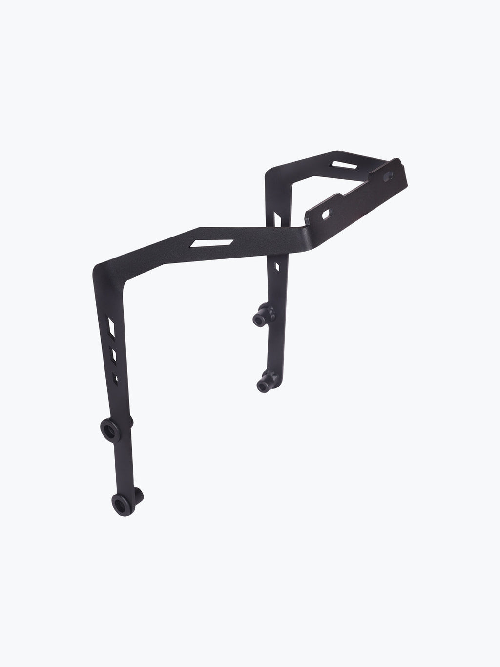 Black metal motorcycle luggage rack bracket with mounting holes isolated on white background