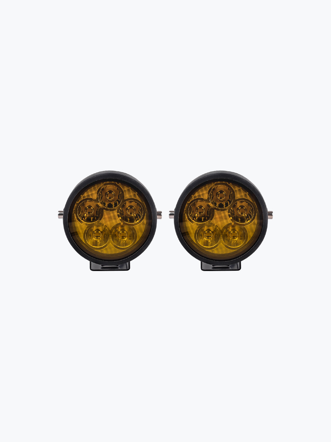 Pair of round yellow motorcycle LED auxiliary lights with black housing on white background