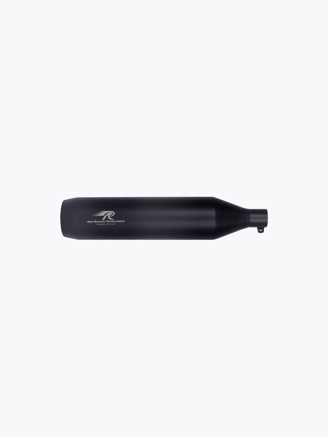 Black motorcycle exhaust silencer with Red Rooster Performance logo on white background
