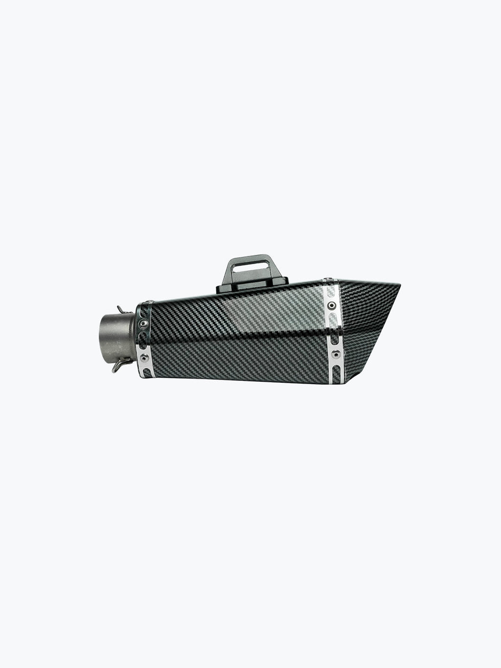 Carbon fiber motorcycle exhaust muffler with metal mounting brackets on white background